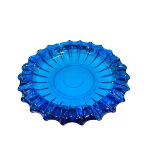 Unmarked VTG MCM Cobalt Blue Art Glass Heavy Scalloped Round Ashtray 10"D READ